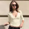 Roupas femininas transfronteiriças 2026 outono nova moda cor sólida manga três quartos gola V renda sexy com acabamento slim fit camiseta top