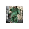 Conjunto de Camiseta Listrada de Manga Curta para Mulheres 2026 Verão Novo Estilo Solto Emagrecedor Tamanho Grande Shorts de Perna Larga Conjunto de Duas Peças