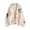 Moda Preguiçosa Estilo Suéter Bordado Mulheres Outono e Inverno 2023 Nova Carta Design Sense Loose Knitted Sweater Coat Trendy