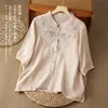 Nueva camisa retro bordada de algodón y lino estilo chino para mujer, nuevo modelo de verano, blusa artística de cinco mangas fina y transpirable
