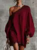 En Stock 2026 Ropa de Mujer Europea y Americana Transfronteriza Verano Nuevo Color Sólido Adorno de Encaje Hombros Descubiertos Manga Larga Vestido Casual