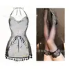 Lingerie Sexy com Gola Halter Transparente Costas Nuas Faixa na Cintura Renda Sedutora com Franjas Saia com Fenda Camisola Sexy Puro Desejo para Mulheres F156