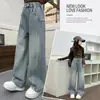 Calça Jeans Wide Leg Feminina 2026 Primavera/Outono Nova Calça Reta Solta para Crianças de Tamanho Médio e Grande Estilo Coreano Casual Longa Tendência de Outono