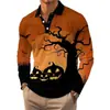 Impresión Digital 3D Murciélago de Halloween Cabeza de Calabaza Camisa Polo Clásica para Hombre Cuello Campana Casual Cómoda Otoño Invierno Manga Larga
