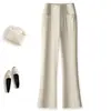 Calça Flare Bege de Cintura Alta Simples e Elegante para Mulheres, Verão 2026, Emagrecedora, Versátil, Elástica, Calça de Barra Larga Ajustada