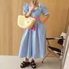 Estilo Chic Coreano 2026 Verano Nuevo Vestido Rayado de Encaje Patchwork Holgado con Mangas Cortas Abullonadas Estilo Coreano