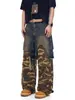 Jeans Americanos Lavados Desgastados para Hombre, Jeans de Trabajo Sueltos Camuflaje Desgastados Retro de Dos Piezas Falsas para Hombres y Mujeres