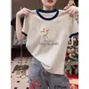 Camiseta de Manga Corta de Algodón Puro con Parches de Color Contrastante, Hombro Recto, Cuello Redondo, Estilo Coreano de Moda y Versátil para Mujer, Top Estampado para Verano