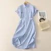Vestido Camisero Retro a Rayas Azules para Mujer, Nuevo Estilo Veraniego, Corte Holgado Casual, Ceñido a la Cintura, Adelgazante, Vestido Largo Petite
