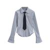 AP23236-23 Otoño Nueva Camisa informal holgada de manga larga con solapa a rayas y microtirón estilo americano