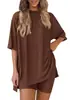 Conjunto de Dos Piezas de Moda Casual de Color Sólido con Cuello Redondo y Manga Corta, Pantalones Cortos de Corte Holgado, Nuevo, Transfronterizo Europeo y Americano, Amazon, Primavera/Verano