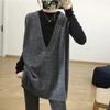Coreia do Sul Simples Preguiçoso Decote V Profundo Colete de Malha Mid-length Loose plus size Sweater Colete de Uso Externo para Todos os Jogos para Mulheres