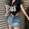 Camiseta de Manga Corta de Seda de Leche para Estudiantes Mujeres Estampado Retro Nicho Verano Asimétrico Ins Sexy Delgado Top