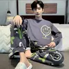 Pijama de Hombre Nuevo de Primavera y Otoño Transfronterizo de Manga Larga Cuello Redondo Holgado Estilo Coreano Talla Grande Ropa Deportiva Portátil para el Hogar Conjunto