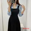 Camisa chique coreana estilo outono com amarração frontal, camisa feminina de manga comprida + vestido de alça