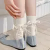 Calcetines de Encaje Dulce Estilo Ballet con Lazo de Cinta para Mujer, Calcetines Holgados de Malla Hueca Estilo JK Japonés, Algodón