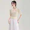 2607704-Nanyou Camisa de Tricô Canelado em Tencel Vazada Camiseta Retro com Gola Dobrável de Manga Curta Camisa Polo de Verão Feminina