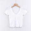 Primavera Novo Moda Europeia e Americana Feminina Cor Sólida Babados Decote V Slim Blusa T-Shirt Curta C8588 Decote V Confortável