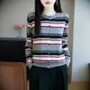 Cárdigan de punto con rayas de bloques de color de lana fina transfronterizo, cuello redondo, estilo fino para primavera y otoño, estilo retro francés, versátil para ir al trabajo