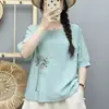 Nuevo top artístico de algodón y lino estilo chino de manga corta, jersey holgado, nueva camiseta elegante bordada de verano, talla grande para mujer