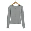 Top de Manga Longa Cinza com Gola Henley Estilo Old Money de Luxo Leve Camada Base Feminina Tricô Fino Emagrecedor Top