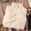 Playera Base de Cuello Alto Delgada/Forrada de Polar para Scrub de Encaje para Mujer Otoño e Invierno Nueva Moda Top de Manga Larga de Malla Calada