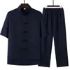 Conjunto de Traje Tang de Manga Corta para Hombres de Mediana Edad y Mayores, Ropa Hanfu de Estilo Chino de Verano para Hombre, Camisa de Papá, Ropa de Abuelo de Seda Helada