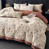 Estilo retro americano, agradable para la piel, juego de ropa de cama de cuatro piezas de gasa de doble capa, sábana de cama, funda de edredón y sábana bajera de algodón y lino puro, adecuado para todas las estaciones