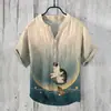Nueva Camisa Hawaiana para Hombre Paisaje con Tinta Estampado de Sol Transfronteriza Europea y Americana Camisa de Lino de Bambú de Manga Corta con Cuello en V
