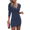 Vestido Bodycon de Cor Sólida com Decote V e Manga Longa 2026 para Afinar a Cintura Estilo Étnico Vestido para Boate Vestido de Início de Outono Feminino