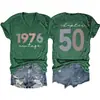 1976 Vintage Capítulo50 Amazon Ebay Sitio Independiente Moda Versátil Camiseta de Manga Corta con Cuello en V para Mujer