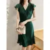 Vestido de Seda de Lunares 2026 Verano Nuevo Seda de Hangzhou Vestido Satén Verde Elegante para Mujer