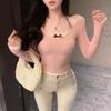 Camiseta de manga larga con lazo de encaje dulce puro estilo coreano, ropa interior para mujer, moda de nicho, camiseta de fondo bm