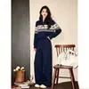 Suéter de malha com zíper parcial estilo Fair Isle americano e calça pantalona de cintura alta, um conjunto de malha de duas peças para mulheres, perfeito para o outono.