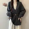 Roupas femininas plus size coleção outono 2026, design único, falso duas peças, moderno, acinturado, blusa casual de manga longa com cinto