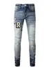 Pantalones vaqueros skinny ajustados y rasgados de color claro para hombre con parche de letra AMR, marca de moda de alta gama transfronteriza, elásticos