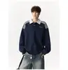 Moletom com Capuz e Gola Listrada Estilo College Americano Masculino Outono Inverno Nova Marca Tendência Bordado Casual Camisa Polo Top Roupas Masculinas