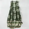 Vestido Casual de Algodão Puro com Estampa Digital Nova, Gola Redonda, Sem Mangas, Comprimento Médio, Para Mulheres, Verão na Praia