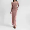 Vestido longo de manga comprida ombro a ombro estilo francês, puro e sexy, com cintura marcada, renda plissada, saia justa ao corpo e fenda nas costas