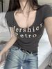 Camiseta de Manga Corta Estilo Americano Retro con Diseño de Chica Sexy, Cuello en U, Estampada, para Mujer, Verano Nueva, Ajustada, Adelgazante, Moderna, Combinable con Todo, Top