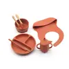 Talheres de Silicone para Bebê Tigela Suplementar Colher Garfo Copo Babador Dividido Redondo Prato de Jantar Conjunto de Seis Peças Pacote de Treinamento para Alimentação Complementar