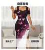 Moda Femenina Europea y Americana Estilo Transfronterizo 2026 Nuevo Vestido Largo Elegante con Estampado de Mariposas Hombros Descubiertos Abertura
