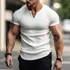 Camiseta Masculina Casual Esportiva Slim-Fit de Manga Curta Europeia e Americana Transfronteiriça, Malharia de Comércio Exterior, Camisa Henley Botão-Up Cor Sólida Estilo Americano