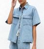 Traje de Dos Piezas de Mezclilla con Camisa Casual Retro de Bolsillo Suelta de Manga Corta para Hombre y Mujer