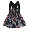 Ropa Femenina de Halloween Suministro Transfronterizo Estilo Vintage Estampado Floral Vestido de Manga Larga con Cuello en V Estampado de Calaveras y Dobladillo Amplio