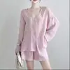 Conjunto de Dos Piezas de Camisa de Manga Larga de Hada Nueva de Verano + Shorts para Mujer, Atuendo Casual Elegante con Cuello en V para Protección Solar