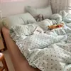 Charme jovem estilo coreano~Conjunto de quatro peças em gaze de algodão puro de camada dupla, com estampa de bolinhas na cor creme, um conjunto de cama calmante 100% algodão