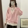 Moda feminina transfronteiriça: um look de duas peças com cardigã de malha com decote V em blocos de cor, um novo suéter estilo coreano para mulheres, perfeito para outono e inverno