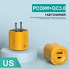 Novo carregador rápido PD20W para celular, cabeça de carregamento 5V3A, adaptador europeu e americano, PD + USB Porta Dupla, carregador multi-compatível