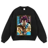 Sudadera con capucha con estampado de anime de dibujos animados, estilo lavado vintage y desgastado, corte extragrande, sudadera de cuello redondo de anime de moda